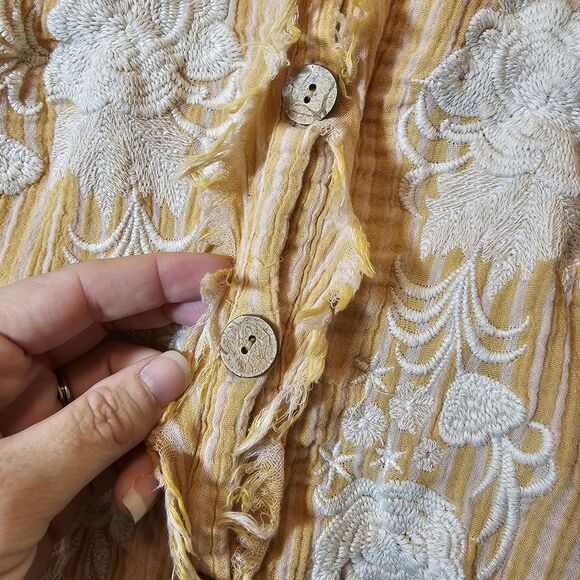 Kyla Seo Button Front Blouse Top Yellow Pink Embroidered Fray Art To Wear Small - Picture 5 of 10